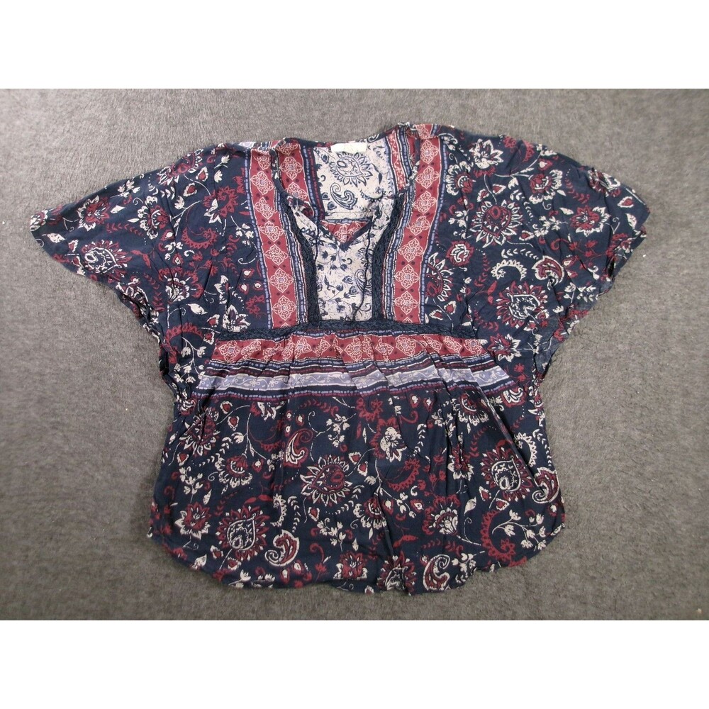 BLL New York Top Womens S Boho Peasant Blouse Short Sleeve Navy Red Paisley